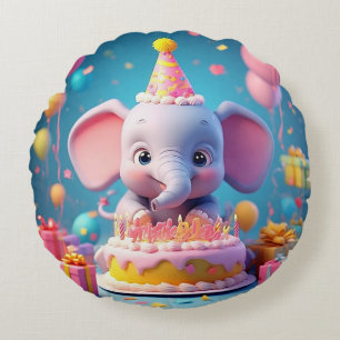 Adorable Cartoon Elephant Celebrating Birthday Round Pillow
