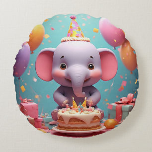 Adorable Cartoon Elephant Celebrating Birthday Round Pillow