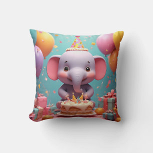 Adorable Cartoon Elephant Celebrating Birthday Throw Pillow