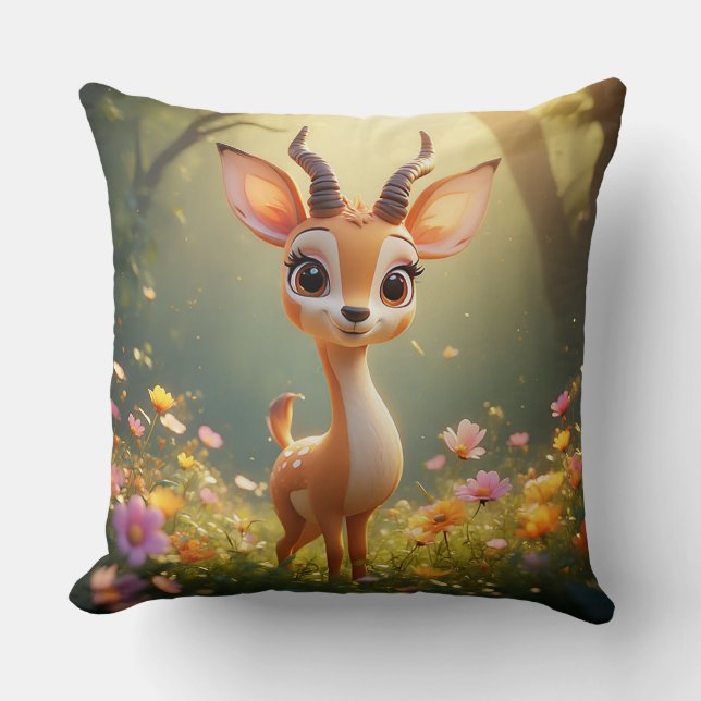 Adorable Cartoon Fawn by Vibrant Flowers Throw Pillow (Front)