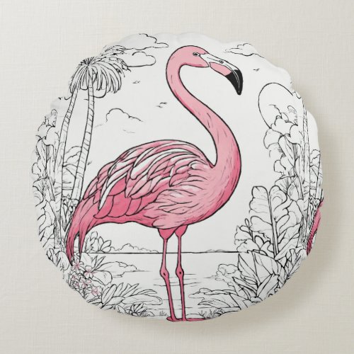 Adorable Cartoon Flamingo Round Pillow Round Pillow