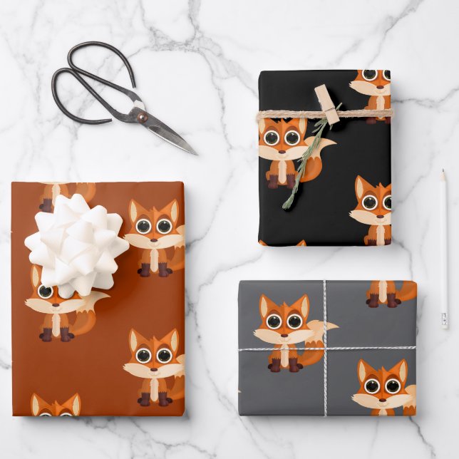 Adorable Cartoon Fox Gift Wrapping Paper Sheets (Front)