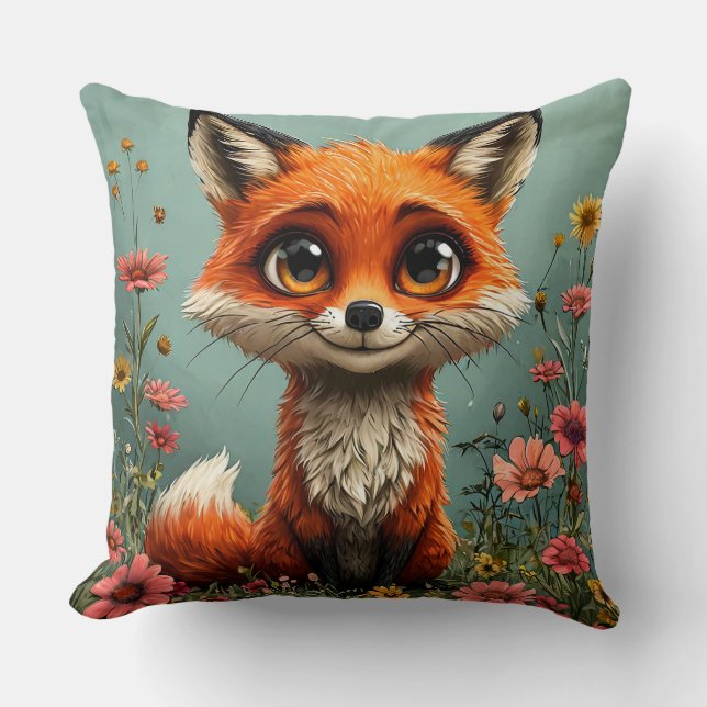 Adorable Cartoon Fox Throw Pillow (Front)