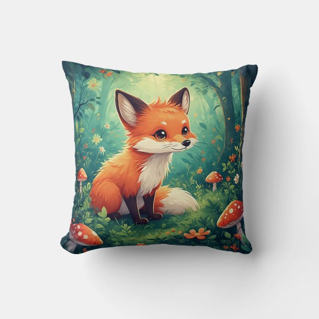 Adorable Cartoon Fox With Mushrooms Throw Pillow (Front)