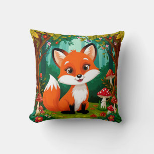 Adorable Cartoon Fox With Mushrooms Throw Pillow