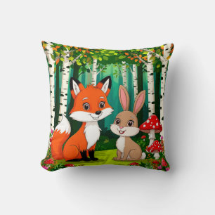 Adorable Cartoon Fox With Mushrooms Throw Pillow