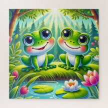 Adorable Cartoon Frogs Sitting on a Lily Pond