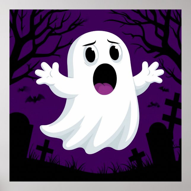 Adorable Cartoon Ghost in Spooky Halloween Poster (Front)