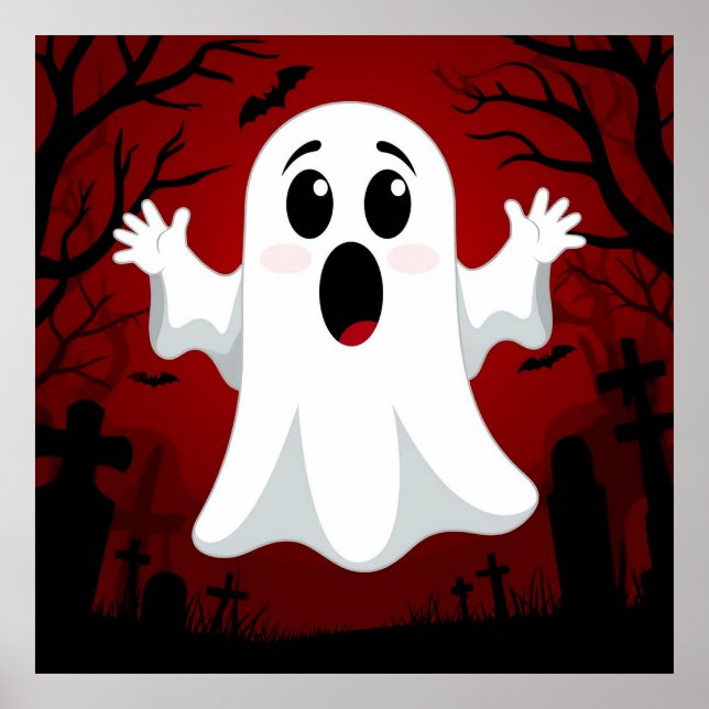 🎃 Adorable Cartoon Ghost Spooky Halloween Wall Poster (Front)