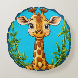 Adorable Cartoon Giraffe With Bamboo Round Pillow
