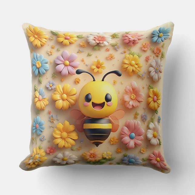 Adorable Cartoon Honey Bee Throw Pillow (Front)