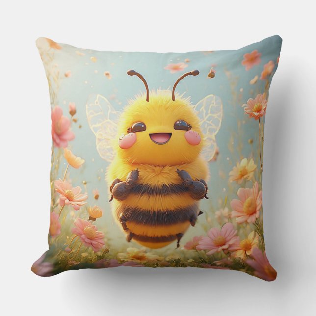 Adorable Cartoon Honey Bee Throw Pillow (Front)