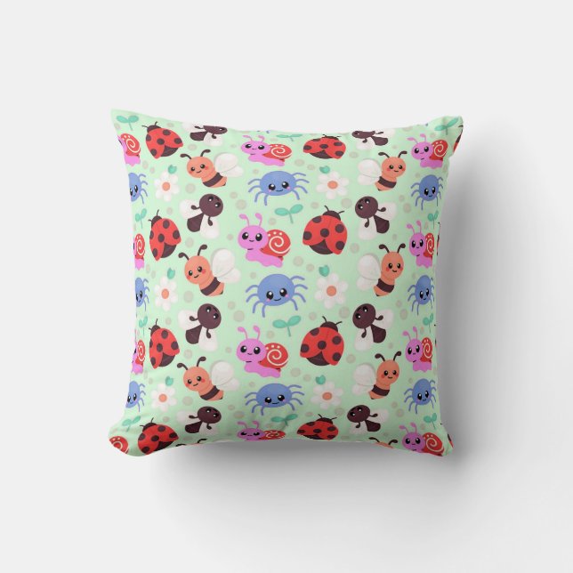 Adorable Cartoon Insects and Flowers Throw Pillow (Front)