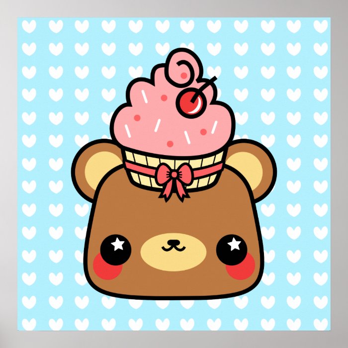 Adorable Cartoon Kawaii Bear Cupcake Poster