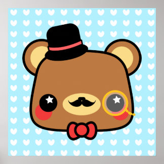 Adorable Cartoon Kawaii Bear Mustache Poster