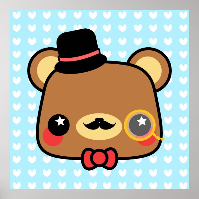 Adorable Cartoon Kawaii Bear Mustache Poster (Front)