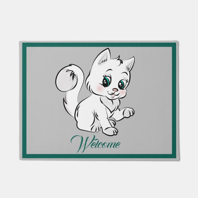 Adorable Cartoon Kitten Cat Personalize Welcome Doormat (Front)