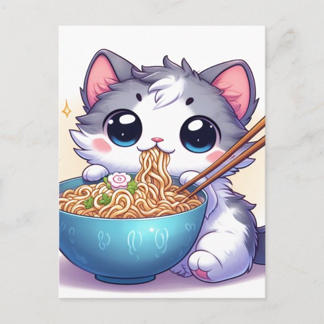 Adorable Cartoon Kitten Eating Ramen Noodles Postcard (Front)