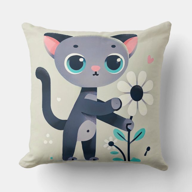 Adorable Cartoon Kitten Holding a Flower, Throw Pillow (Front)