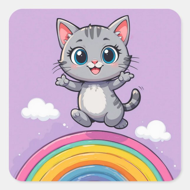 Adorable Cartoon Kitten Jumping Joyfully Square Sticker (Front)