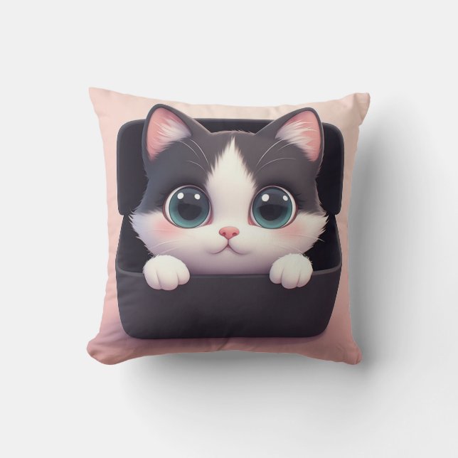 Adorable Cartoon Kitten With Big Eyes Throw Pillow (Front)