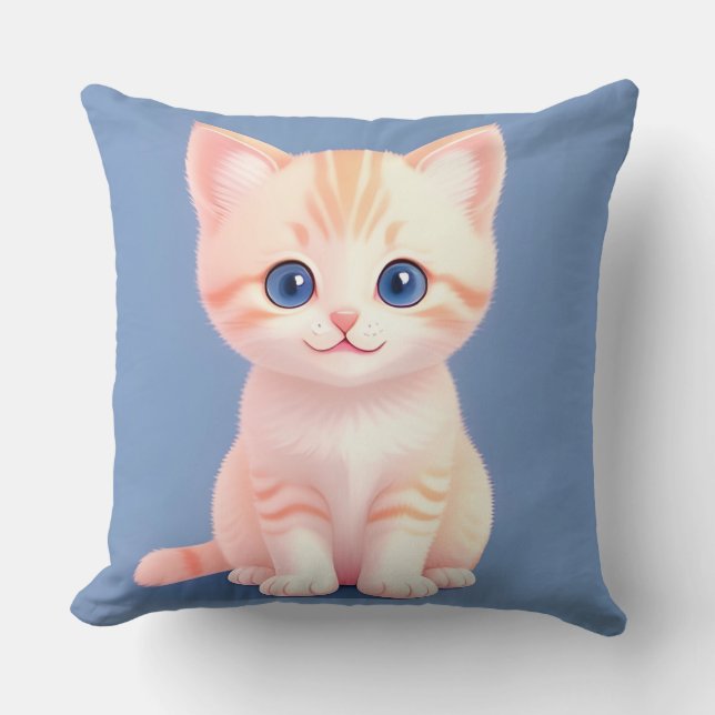 Adorable Cartoon Kitten With Blue Eyes Throw Pillow (Front)