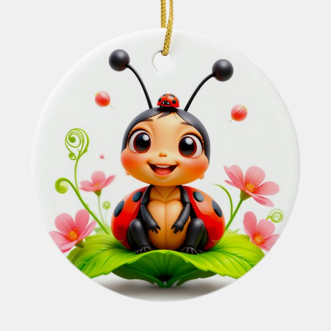 Adorable Cartoon Ladybug Ceramic Ornament (Front)