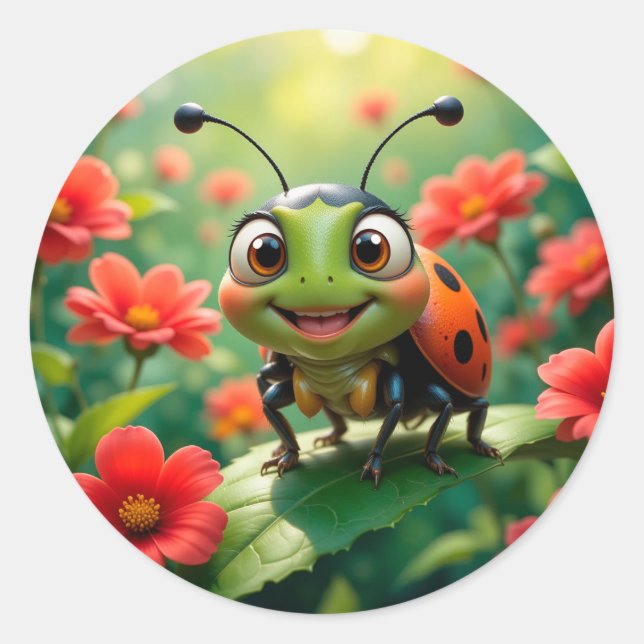 Adorable Cartoon Ladybug on a Leaf Classic Round Sticker (Front)