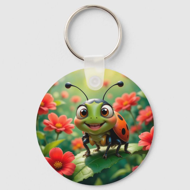 Adorable Cartoon Ladybug on a Leaf Keychain (Front)