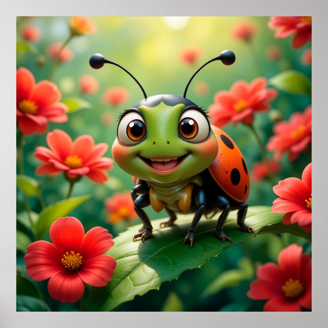 Adorable Cartoon Ladybug on a Leaf Poster (Front)