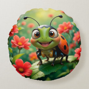 Adorable Cartoon Ladybug on a Leaf Round Pillow