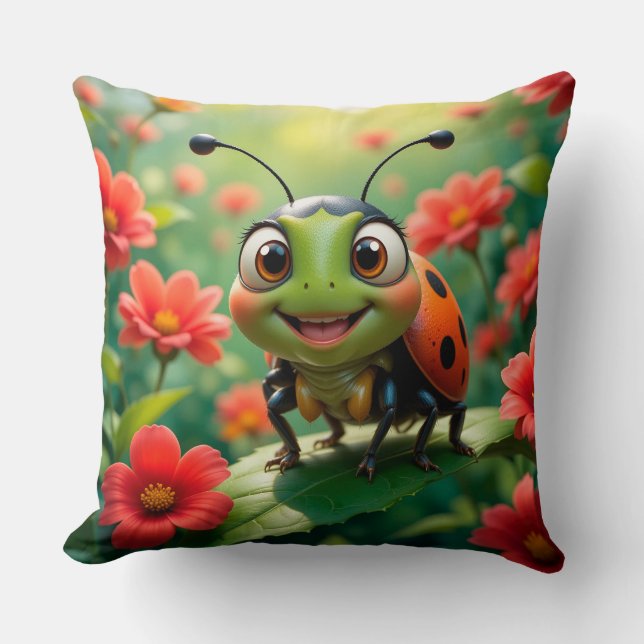 Adorable Cartoon Ladybug on a Leaf Throw Pillow (Front)