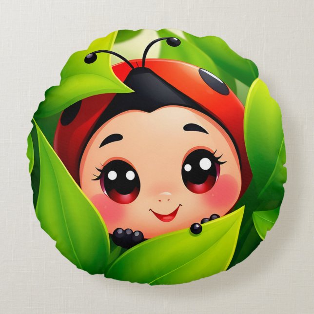 Adorable Cartoon Ladybug Round Pillow (Front)