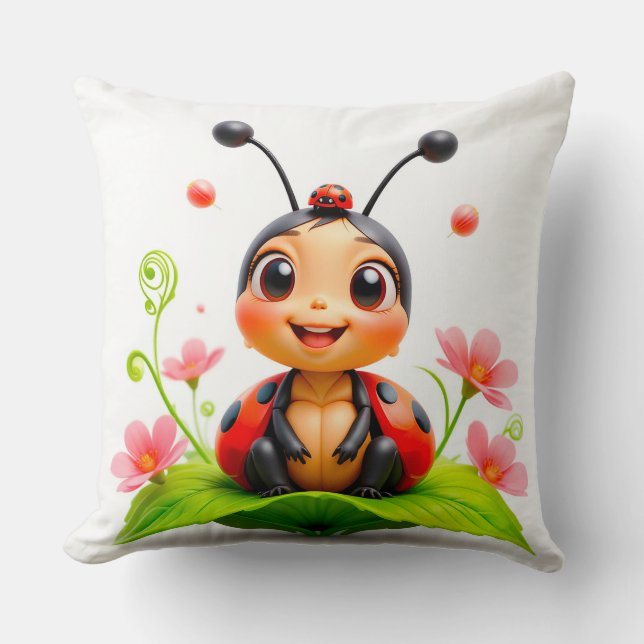 Adorable Cartoon Ladybug Throw Pillow (Front)