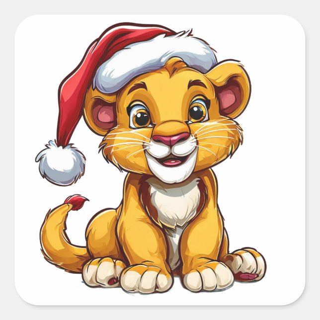 Adorable Cartoon Lion Cub Wearing a Santa Hat Square Sticker (Front)