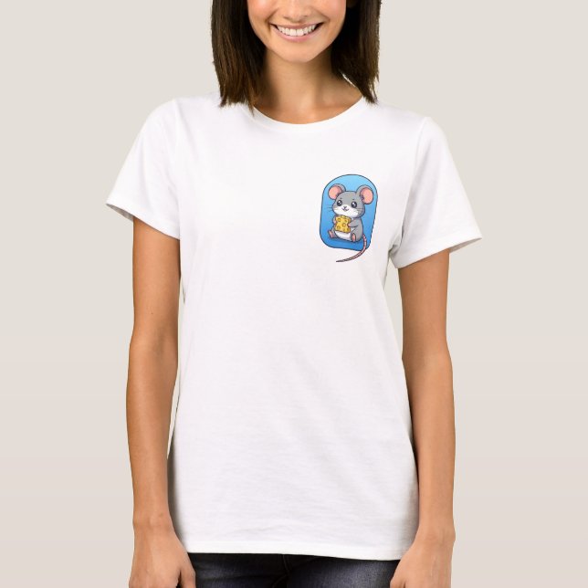 Adorable Cartoon Mouse Holding Yellow Cheese Block T-Shirt (Front)