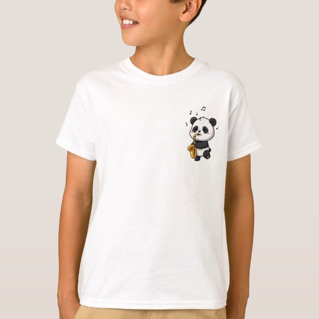 Adorable Cartoon Panda Playing Golden Saxophone T-Shirt (Front)