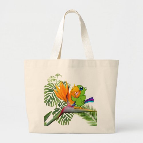 Adorable Cartoon Parrot Caudata Palm Leaves Large Tote Bag