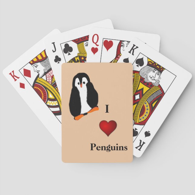 Adorable Cartoon Penguin I Heart Penguins Orange Poker Cards (Back)
