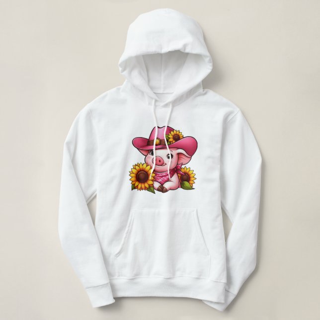Adorable Cartoon Pig with Pink Hat and Sunflowers Hoodie (Design Front)