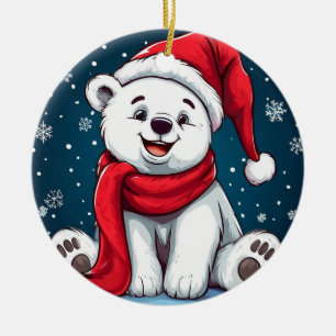 Adorable Cartoon Polar Bear in Santa Hat Ceramic Ornament
