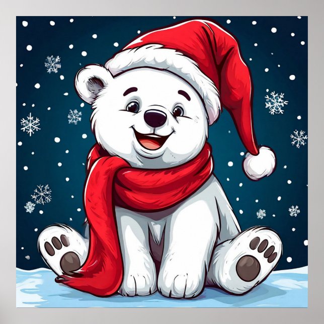 Adorable Cartoon Polar Bear in Santa Hat Poster (Front)