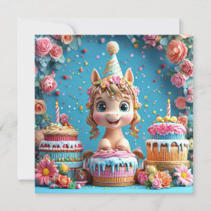 Adorable Cartoon Pony Celebrating Birthday Invitation