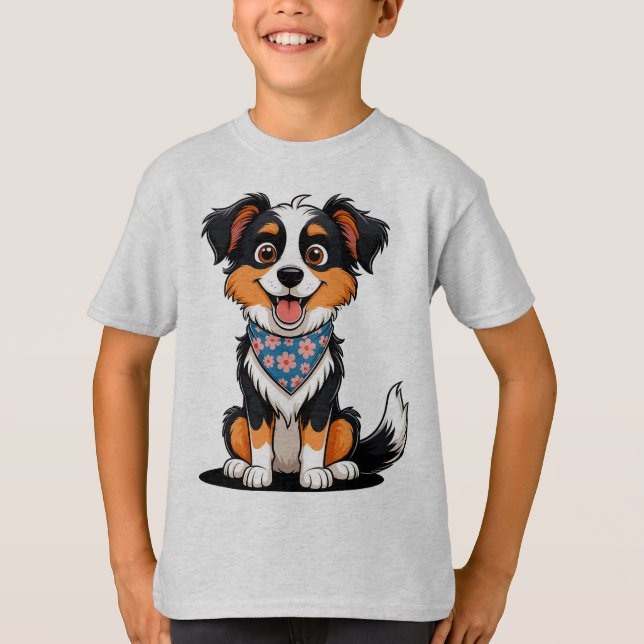 Adorable Cartoon Puppy With Floral Bandana T-Shirt (Front)