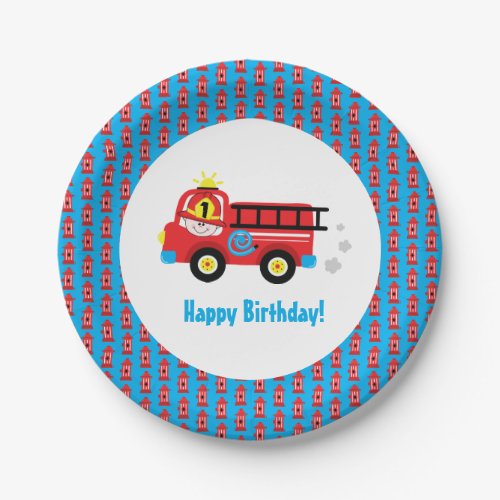 Adorable Cartoon Red Fire Truck Smiling Fireman Paper Plates