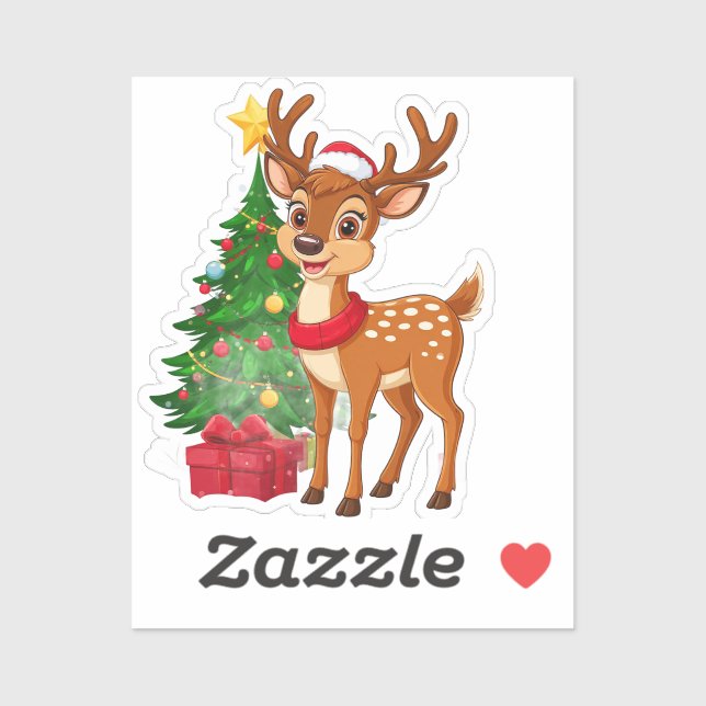 Adorable Cartoon Reindeer in Santa Hat Sticker (Sheet)
