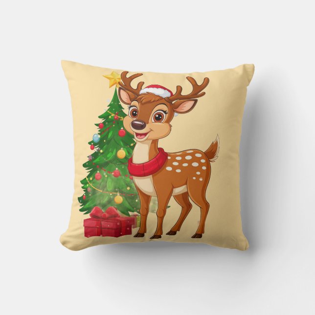 Adorable Cartoon Reindeer in Santa Hat Throw Pillow (Front)