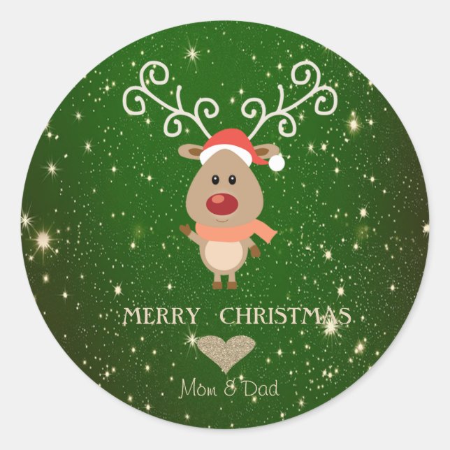 Adorable Cartoon Reindeer,Santa Hat Classic Round Sticker (Front)