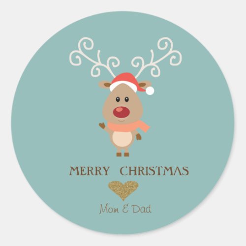 Adorable Cartoon ReindeerSanta Hat Classic Round Sticker