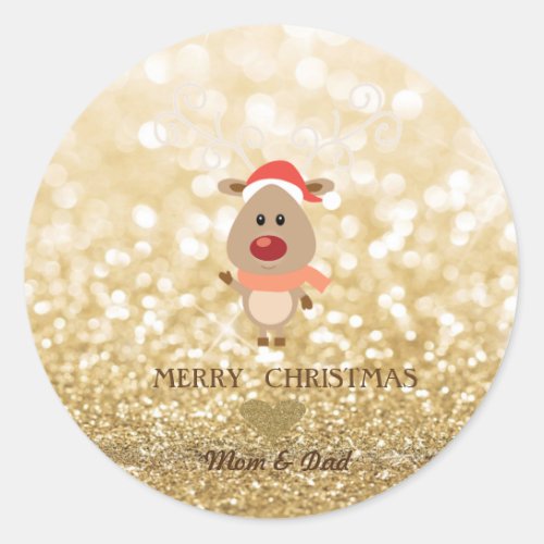 Adorable Cartoon ReindeerSanta HatGlittery Bokeh Classic Round Sticker